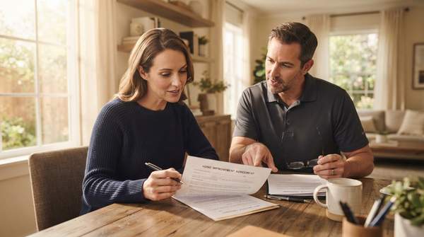 Homeowner and contractor discussing a home improvement contract, emphasizing careful selection and professional advice.